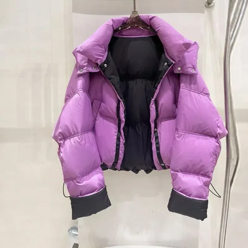 2024 New Women's Winter Down Coat Cropped Hooded Puffer Jacket 90% White Duck Down Two-sided Wear Color Blocking