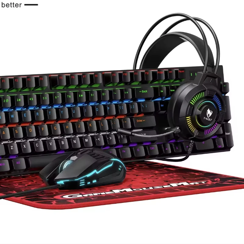 

New TF700 Wired Esport Game Mechanical 4IN1 Keyboard Mouse Headset Mousepad Set Green Switch Keyboard Combos For Desktop