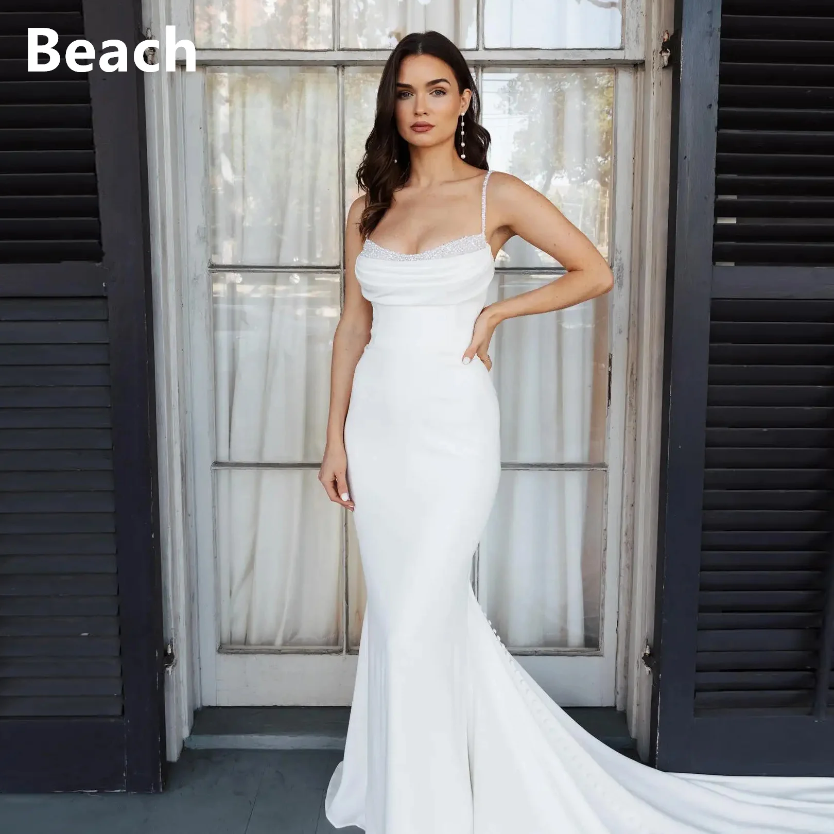 

Elegant Spaghetti Straps Beaded Soft Satin MermId Wedding Dresses Backless Custom Made 2024 Vestido De Noival