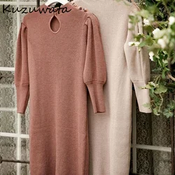 Kuzuwata Japanese Elegant Women Robe New Sweater Vestidos O Neck Hollow Out Shoulder Button Puff Sleeve Slim Solid Knitted Dress