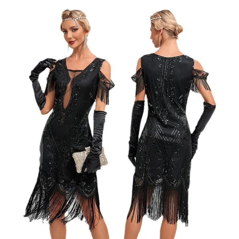 Vintage 20s 1920s Dress The Great Gatsby Womes Sequins Tassel Fringe Evening Dress New