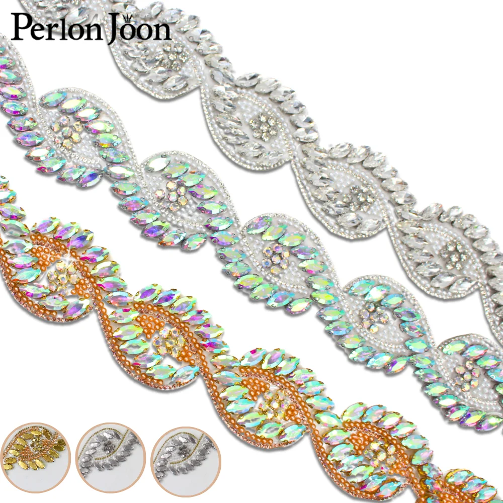 1 Yard Crystal AB Silver Gold Large Rhinestone Leaf shape Applique trim Tape Wedding Dresses Bags Decoration Accessories TR171