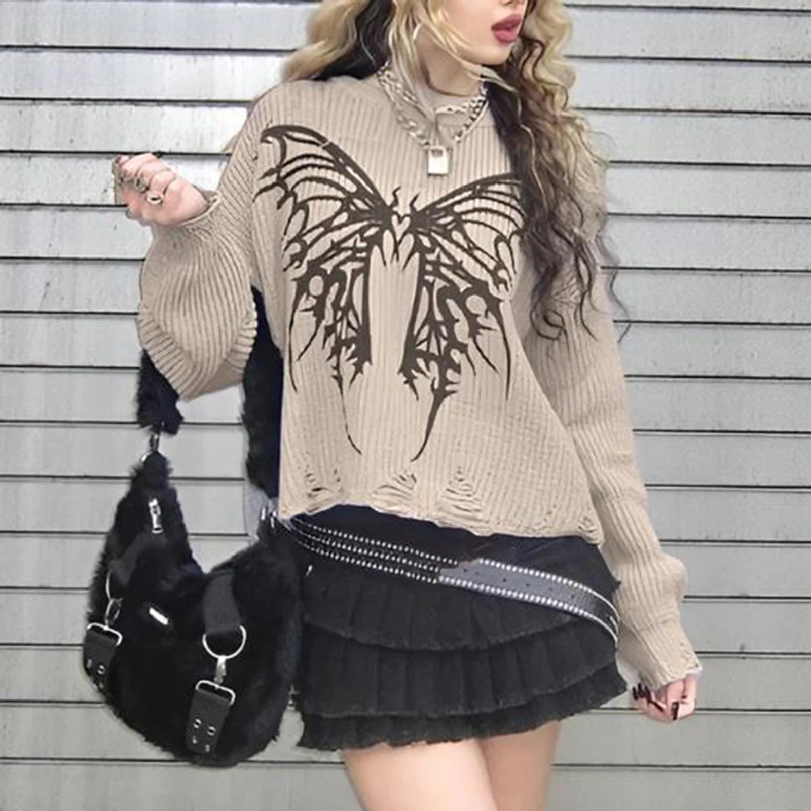 Women's y2k Autumn and Winter Knitted Sweater Long Sleeve Round Neck Aesthetic Butterfly Print Pullover Warm Sweater Pullover