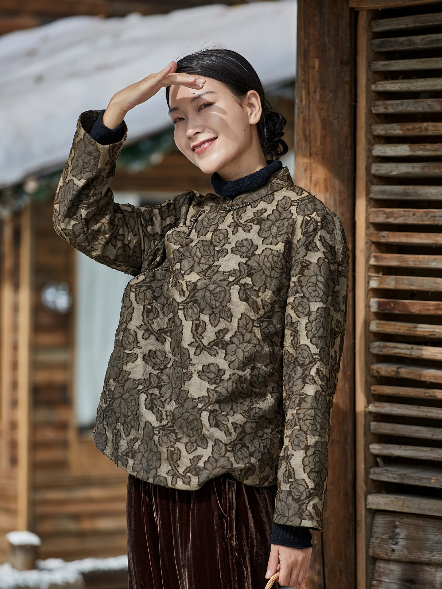 

Original Design Cotton Jaet Women's Winter Faion Ethnic Sle Patchwork Dyeing Cotton Coat Straight Cut Long Sve Butto...