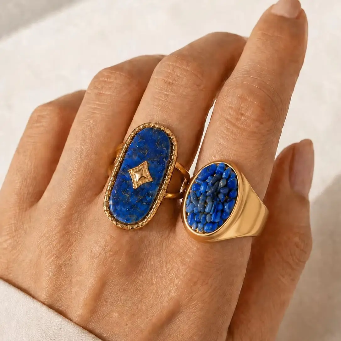 Vintage Lapis Lazuli Stainless Steel Ring for Women, Gold Tone Oval Stone Statement Ring Multiple Styles Fashion Jewelry Gift