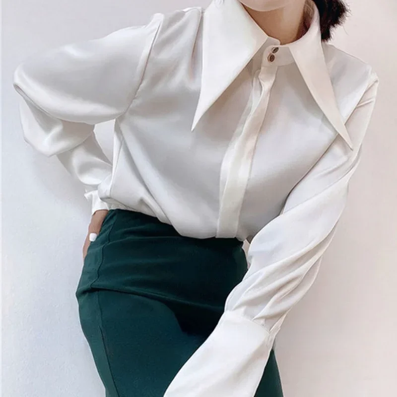 女性のためのエレガントでゆったりとしたモノクロのサテンシャツ,フレンチスタイル,ボタン付き,オフィスウェア,ヴィンテージ,オールマッチ,シック,柔らかく,春