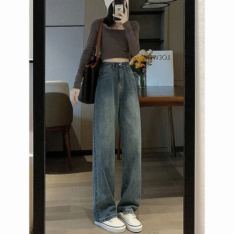 Girls High Waist Baggy Thin Jeans Women Fashion Straight Leg Denim Pants Lady Korean Solid Color Basic Trousers