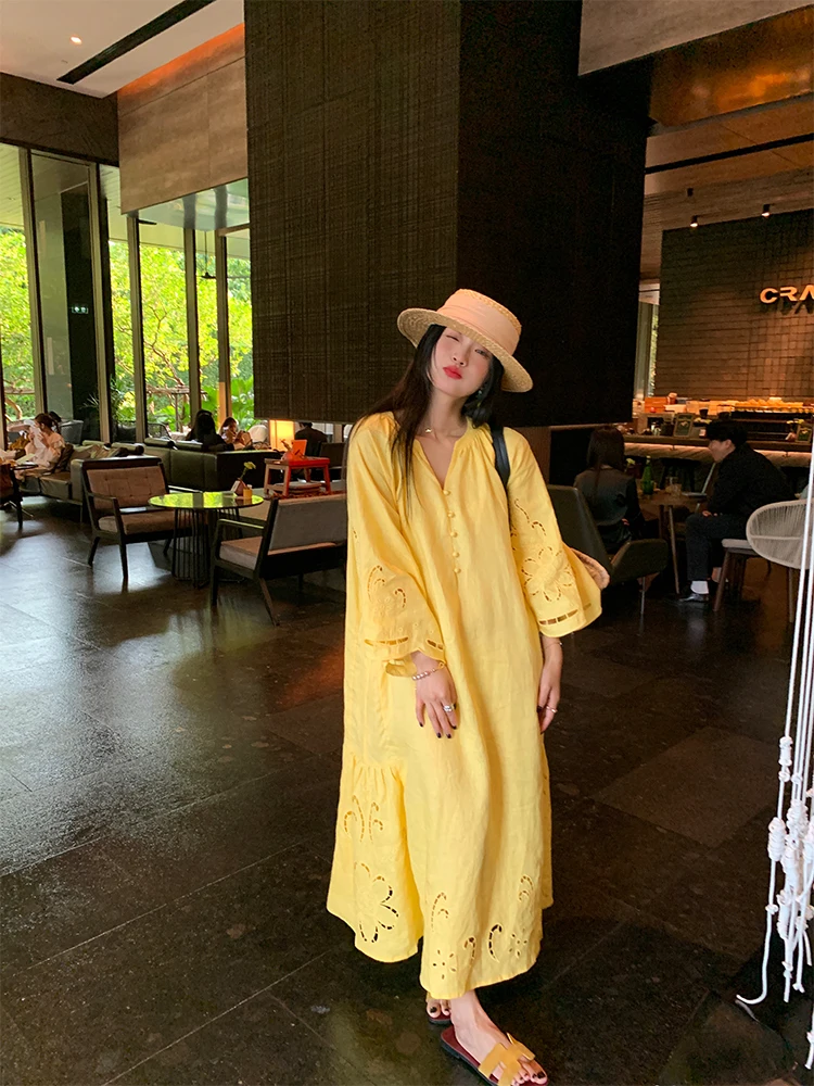 Spring Long Sve Dr Linen Loose V-ne Small Size Embroidery Hollow out Skirt 2025 New Sle Artistic Sle Loose Waist
