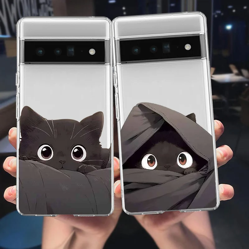 Lovely Cartoon Cat Couple Phone Case For Google Pixel 8Pro 6 6A 5G 7 Pro 7A 8 Cute Animal Friend Transparent Soft Cover Coque