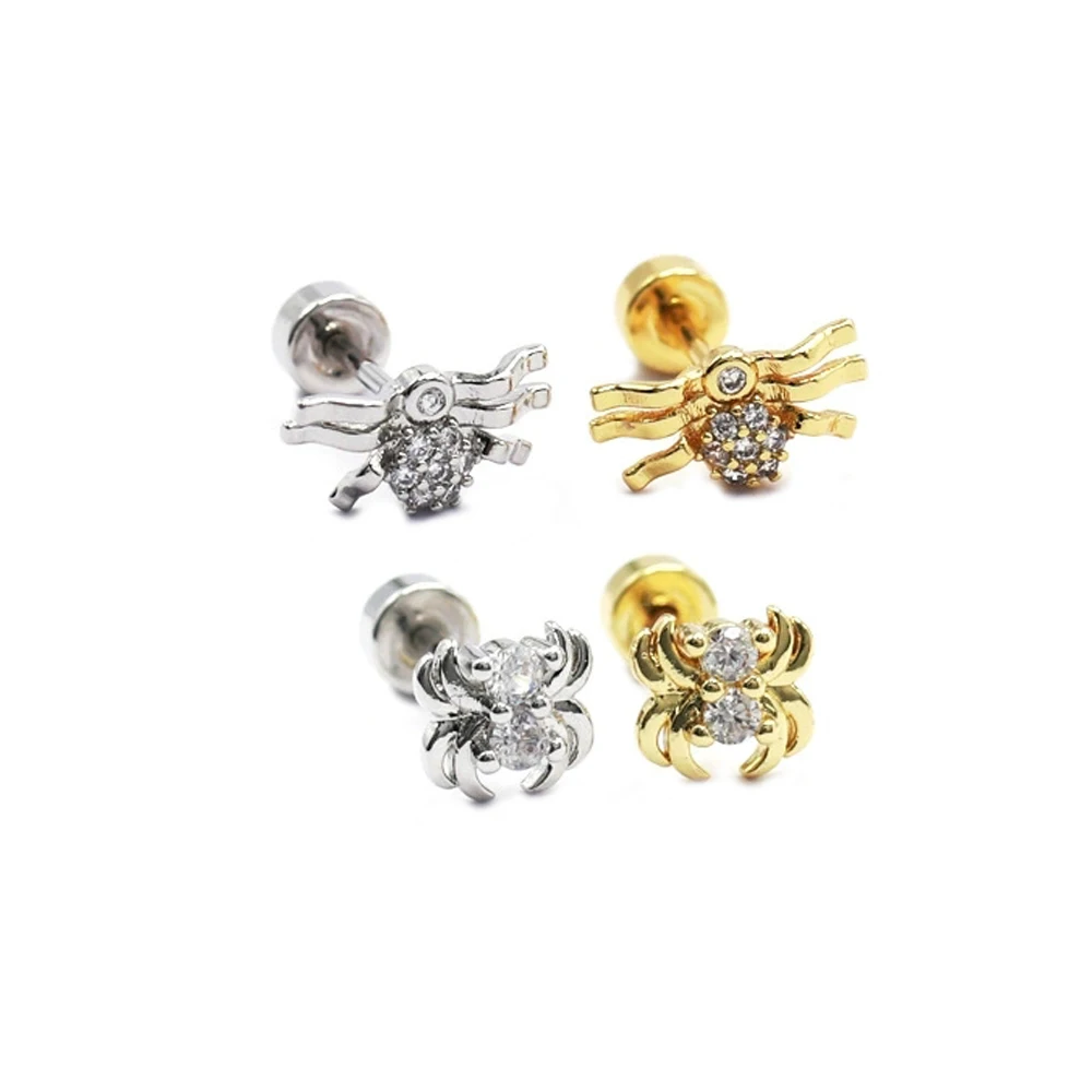 Cute Copper Zircon Spide Bug Shape Stud Earring Women Gold Color Steel Helix Bar Ear Cartilage Piercing Cuff Jewelry Wholesale