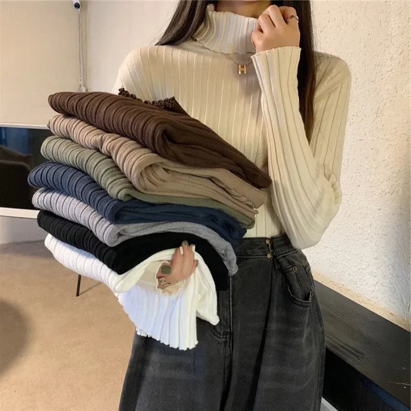 2024 Women Pullover Ribbed Knitted Sweater Autumn Winter Pullovers Turtleneck Long Sleeve Slim Basic Solid Female Sweaters Tops