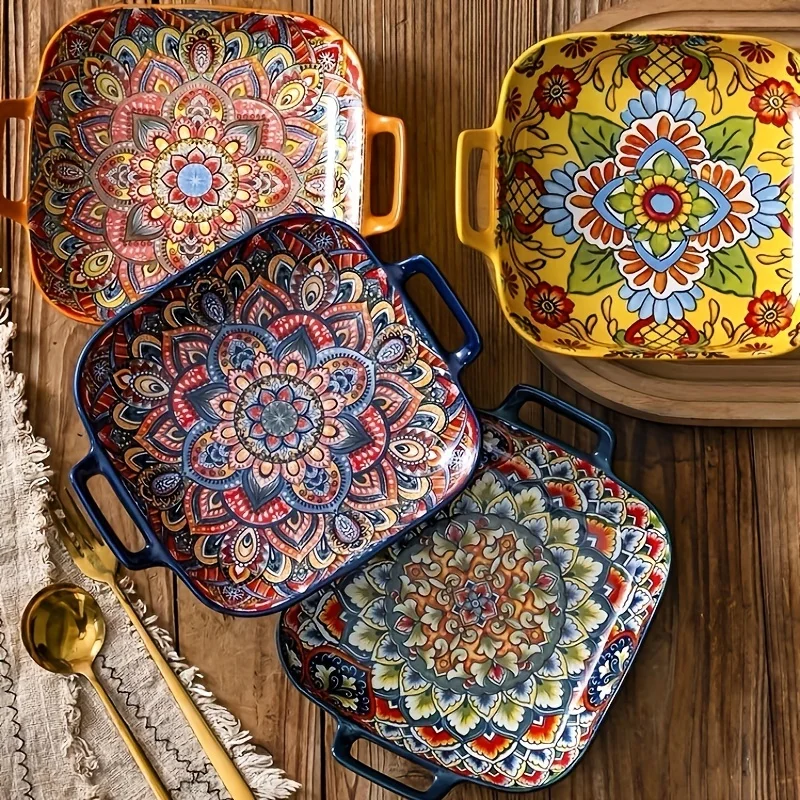 

Boho Dessert Binaural Ceramic Plate Sushi Dish 9inch Salad Plate Dinner Plates Holiday Theme Microwave Dishwasher Safe