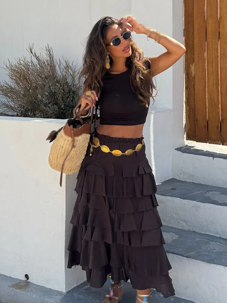 

HH Women Solid High Street Elastic Waist Laminated Decoration Skirt Summer Female Elegant A-Line Fold Midi Skirts Trendy