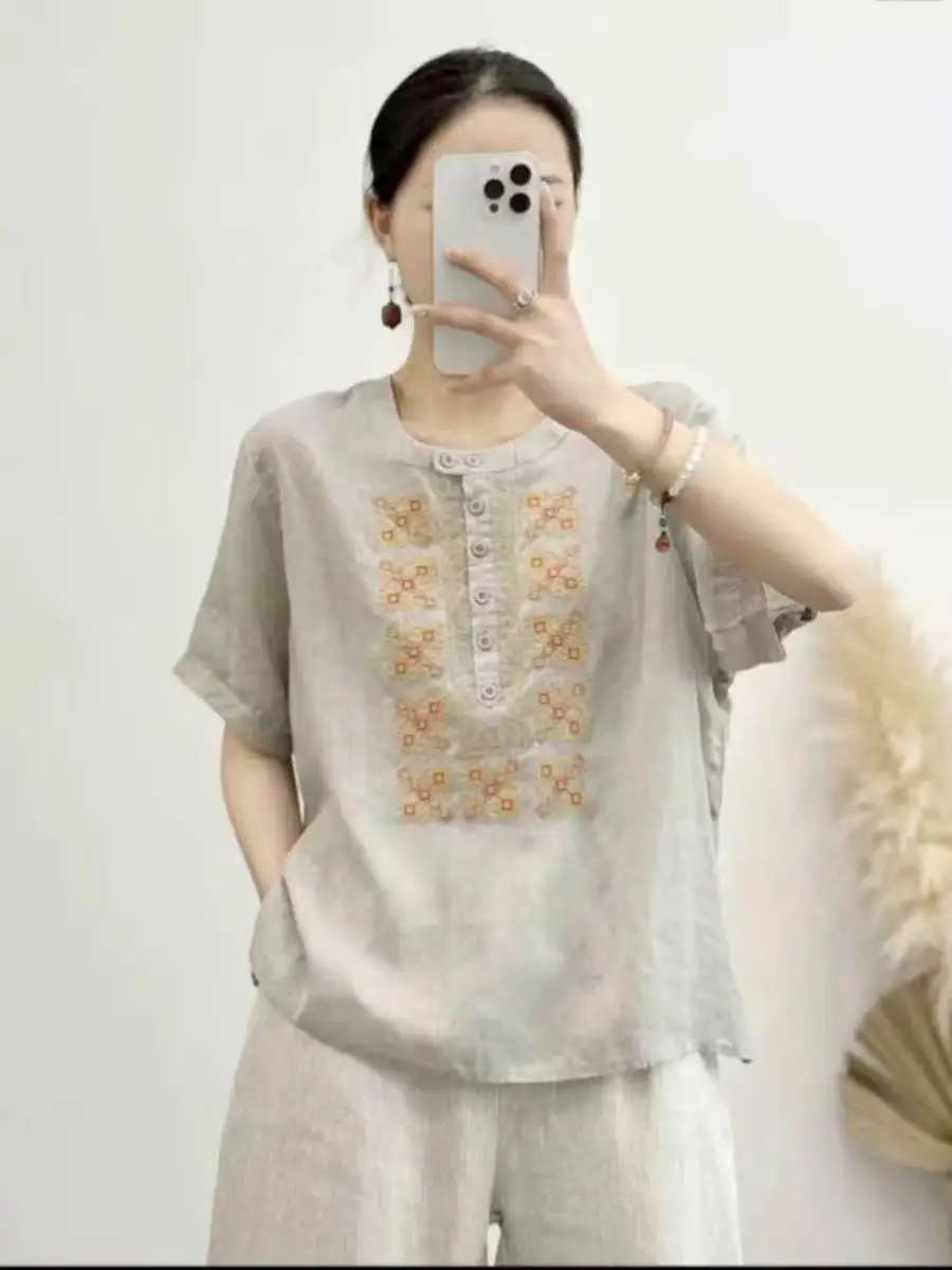 Summer Cotton Linen Short Sleeve round Neck Embroidery Shirt Button up Women's Top Ethnic Style Casual Fashion Daily Wear