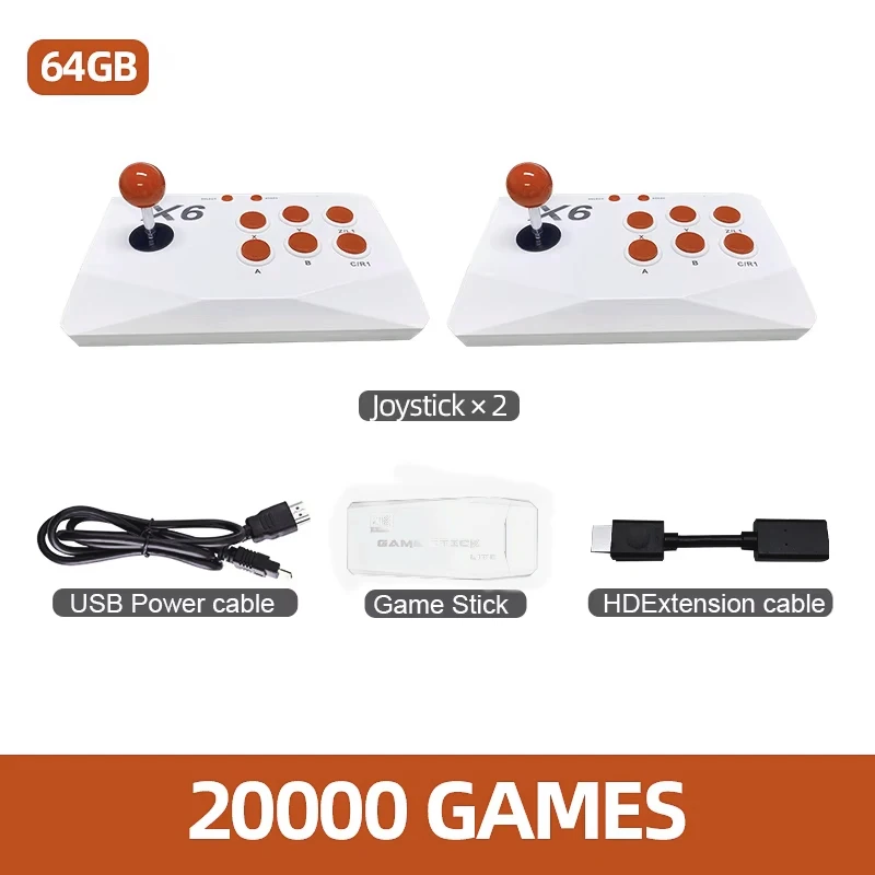 وحدة تحكم ألعاب فيديو X6K ريترو 2.4G لاسلكية لايت 4K HD عصا ألعاب الروك المزدوجة 64G مدمجة في 20000 لعبة لشخصين