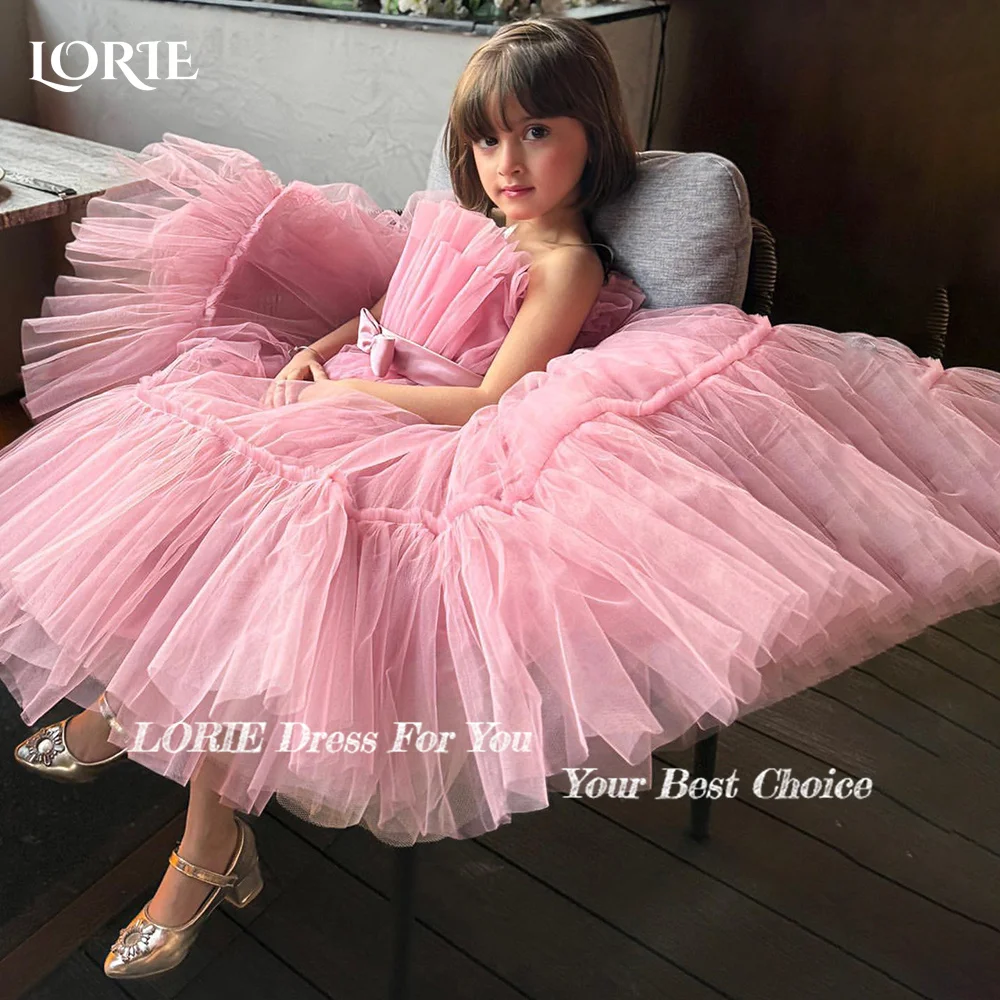 LORIE Girl-Robe de soirée en tulle pour filles, dos en dentelle pivoine, ligne A, droite, nœud boule, sans bretelles, fleurs personnalisées