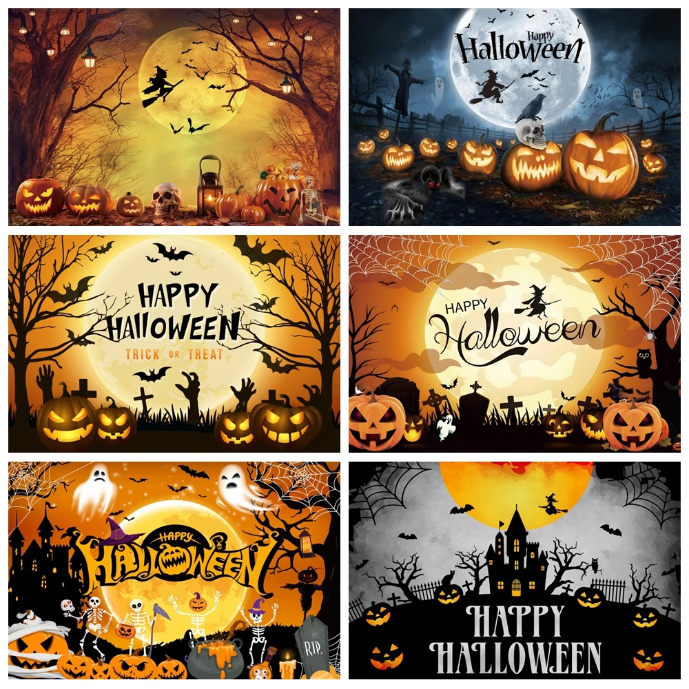 

Happy Halloween Backdrop for Kids Horror Moon Night Witch Bat Spooky Castle Scary Pumpkin Cemetery Photography Background Decor