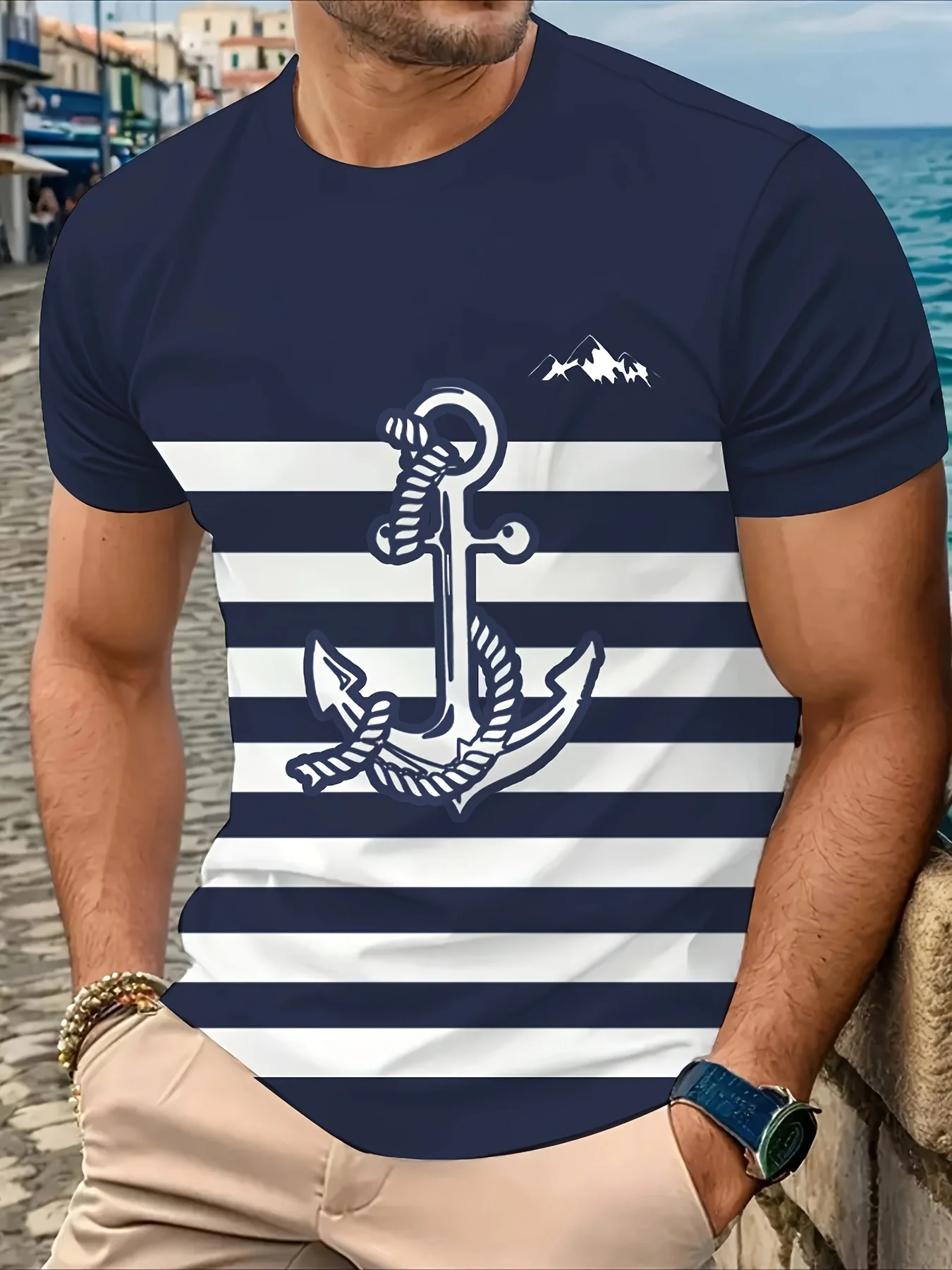 

Men'S Casual 3D Anchor Print T-Shirt - Navy Blue & White Striped Crew Neck, Short Sleeve, Regular Fit Novelty Tee for Summer