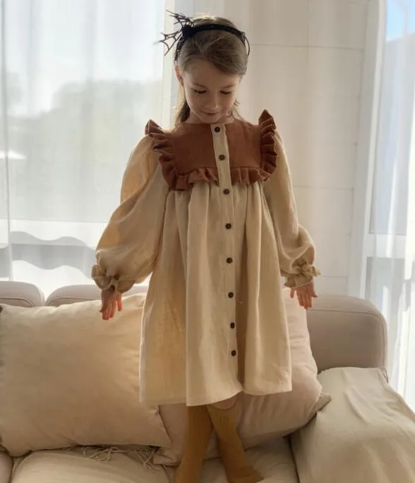 Girls Casual Dresses Europe Beautiful Spring Cotton Hemp Color Blocking Lotus Leaf Edge Princess Long Sleeved Button