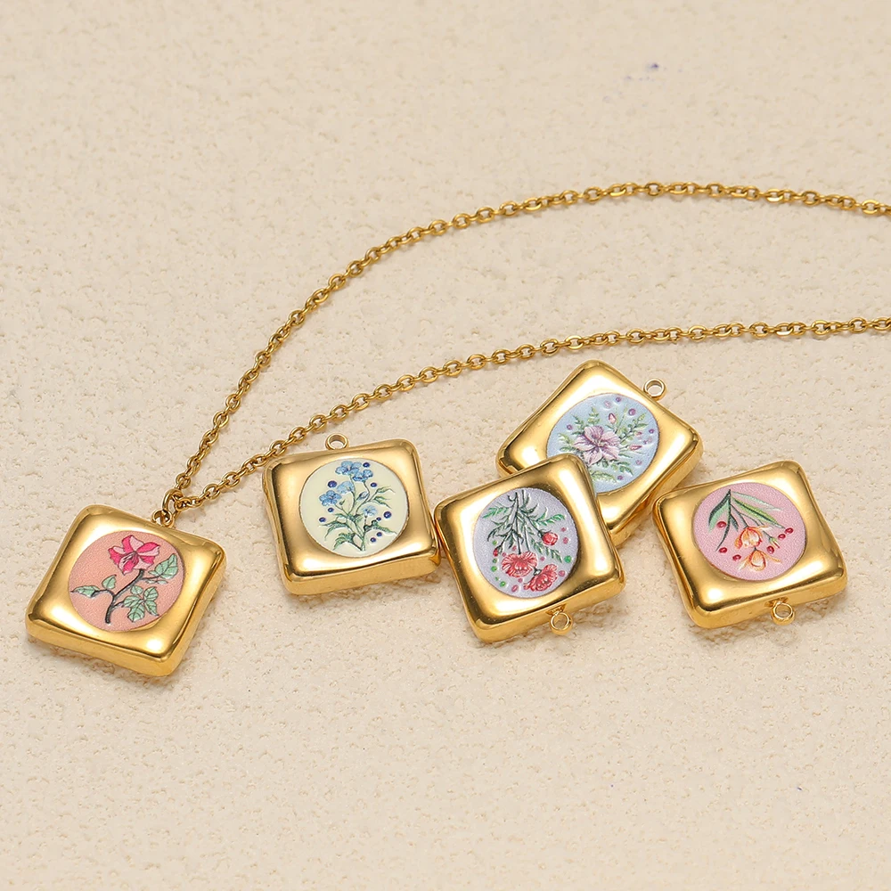 4 Stück Edelstahl-Emaille-Blumenanhänger, quadratische Charms für DIY-Schmuckherstellung für Frauen, Halsketten, Ohrringe, Fußkettchen, Zubehör in Großpackung – Detail 1