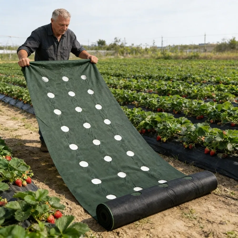 Pre-punched Holes Perforated Grass Proof Cloth Double Layer Biodegradable Weed Proof Cloth with Ground Nails