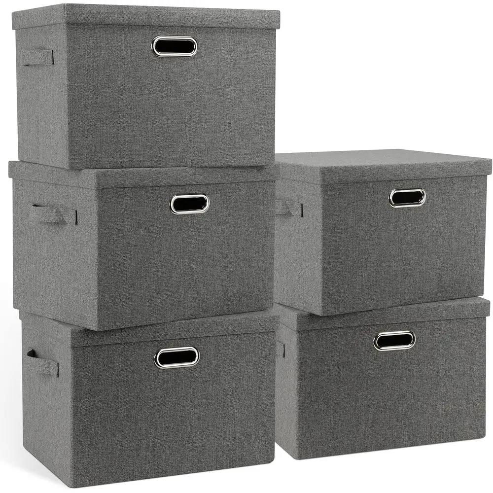 

Large 17" 36 Quart Collapsible Stackable Storage Bins with Lids, 5 Packs Gray Foldable Fabric Closet Storage Boxes with Lids, He