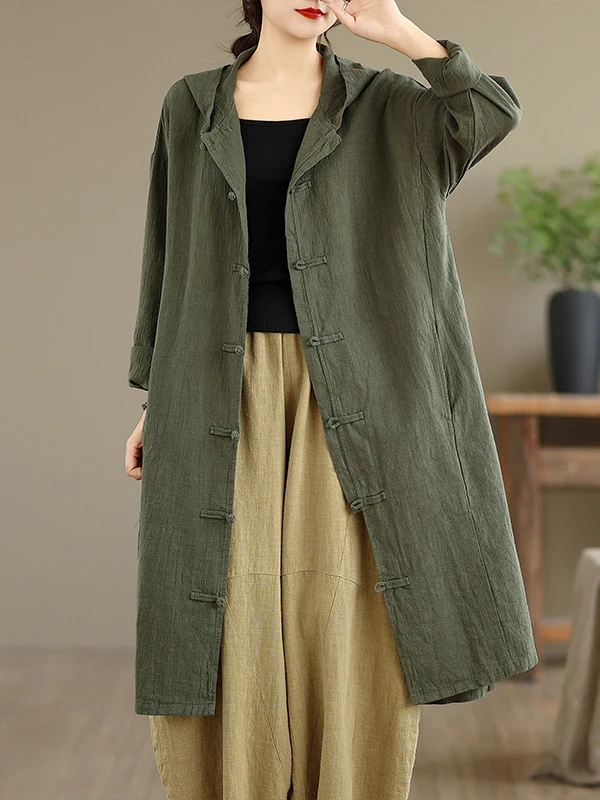 

Retro Cotton Linen Coat Women's Long Sve Hooded Jaet with Button Design Mid-Length Vintage Robe Cape Windbreaker