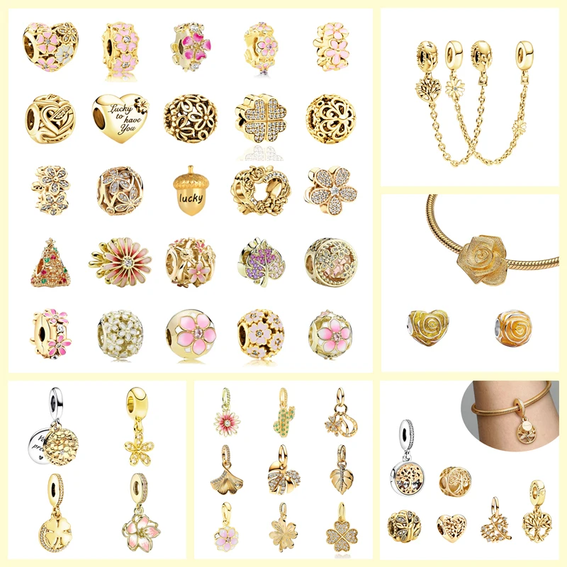 

New Golden Flowers Series Charm Bead Lucky Clover Rose in Bloom Daisy Flower Safety Chain Fit Original Bracelet DIY Jewelry Gift