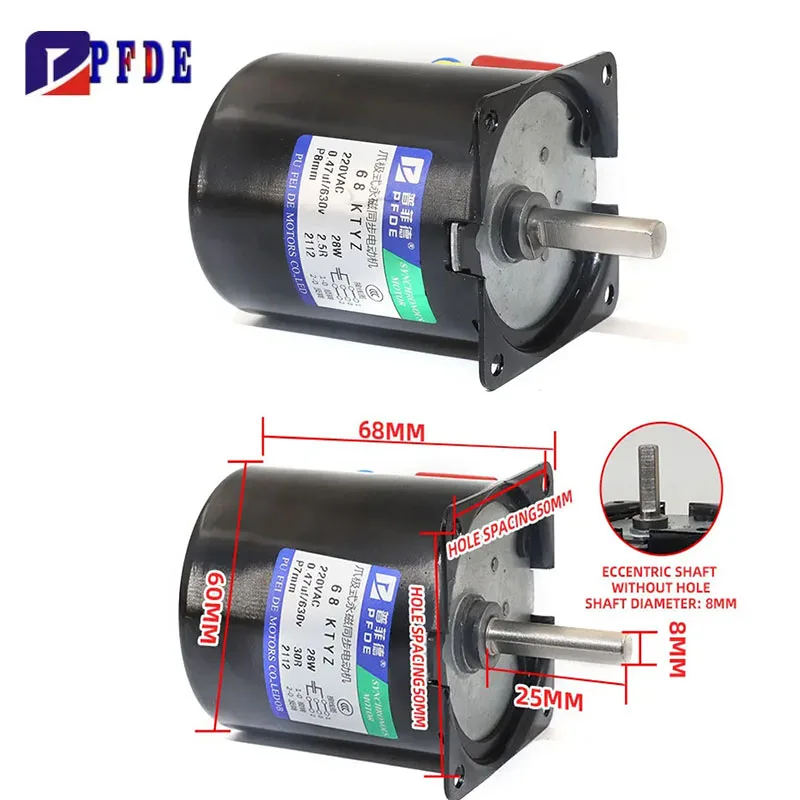68KTYZ High Torque 100KG 28W AC 220V Permanent Magnet Synchronous Motor Eccentricshaft 8mm CW/CCW Metal Geared Slow Speed Motor