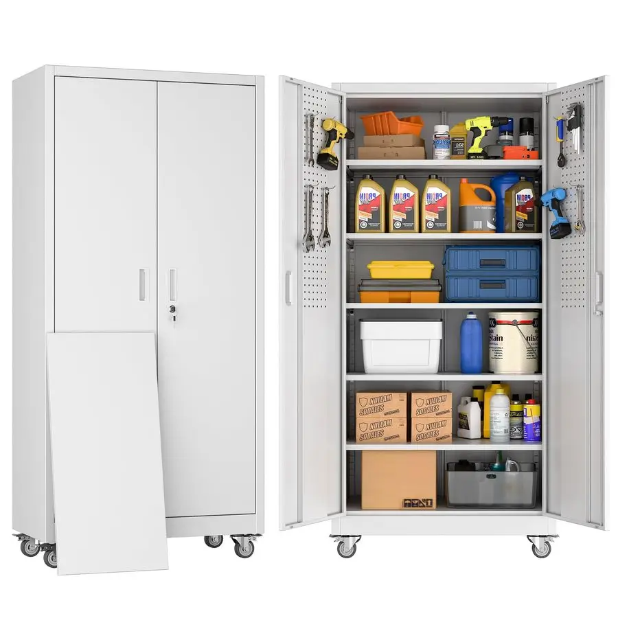 

Металлический гаражный шкаф для хранения с колесами и перфорированной панелью 71 x 34 x 18, запираемый передвижной стальной шкаф с 5 регулируемыми полками и