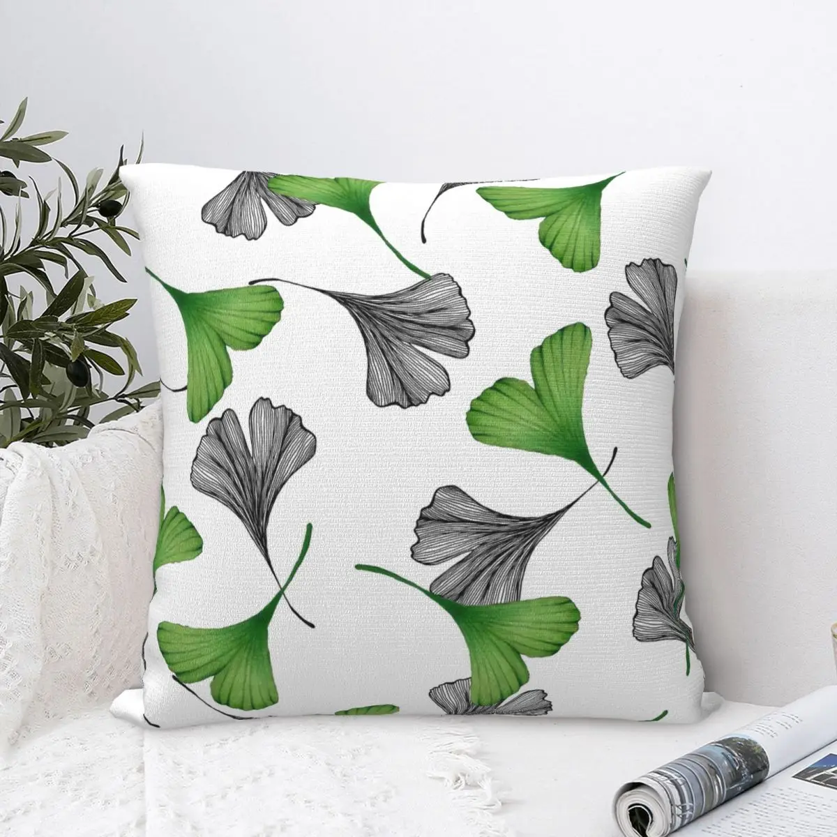 Ginkgo Leaves Pillow Cover Green Plant Polyester Pillow Case Cushion Cover Morden Design Pillowcases For Living Room Chair