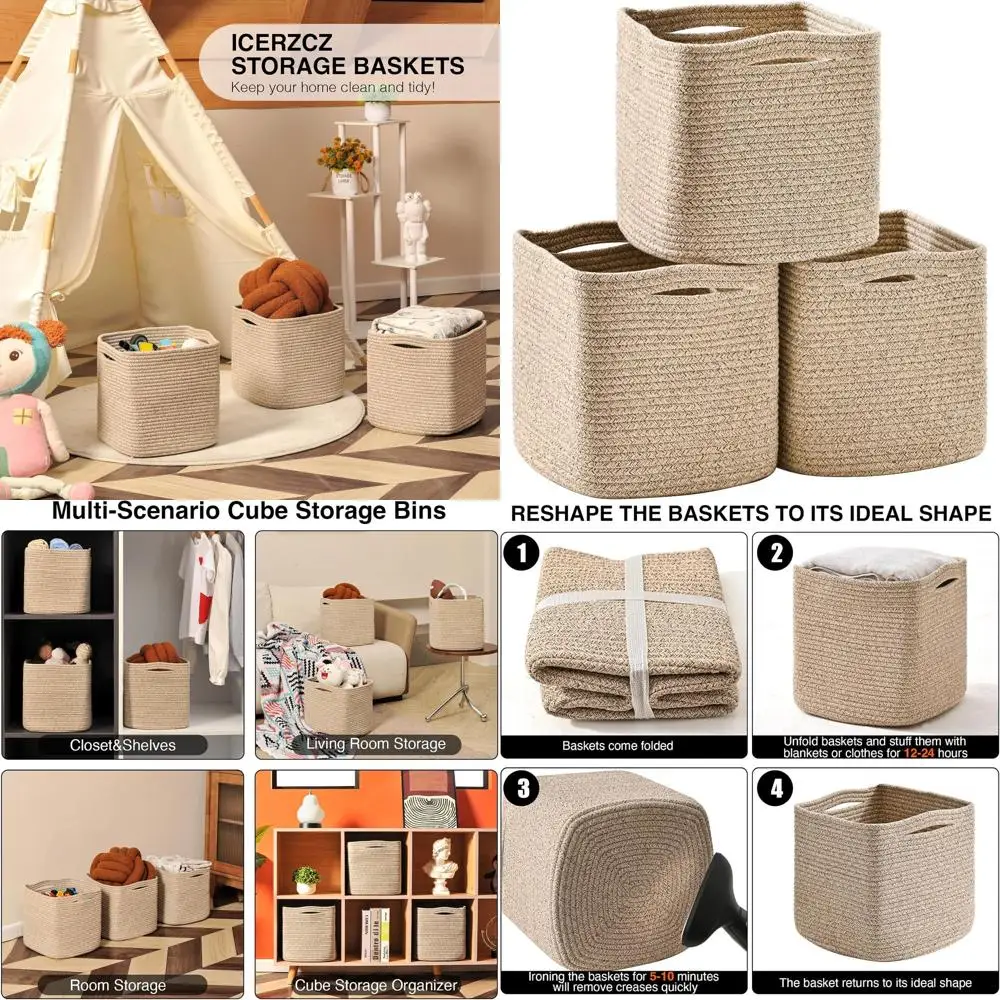 

11 Inch Cube Storage Bins, Storage Cube Organizer Bins, Woven Cotton Rope Baskets for Storage, Storage Basket for Organizing She