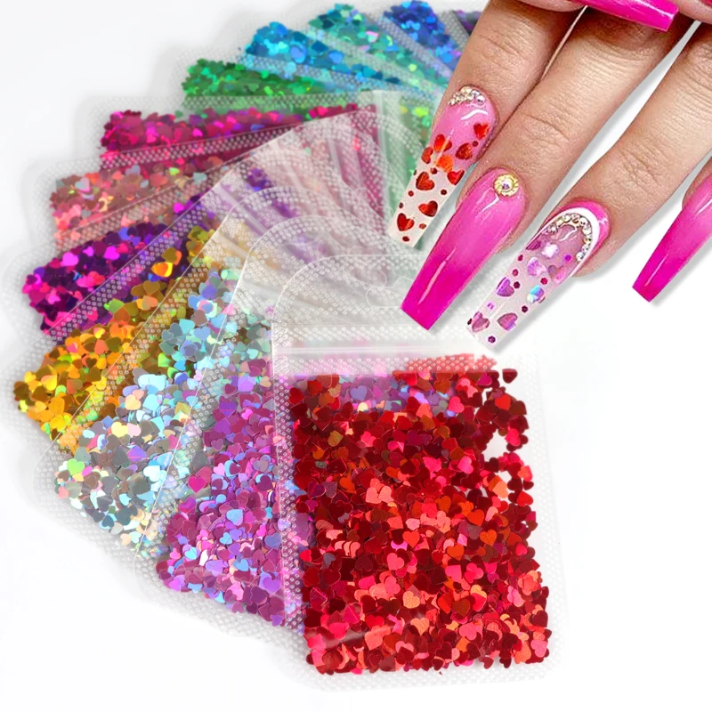 

12 Pcs/Set Holographic Nail Art Glitter Flakes Manicure Accessories Mixed Sizes Shiny Sequins Valentines Nail Designs Supplies