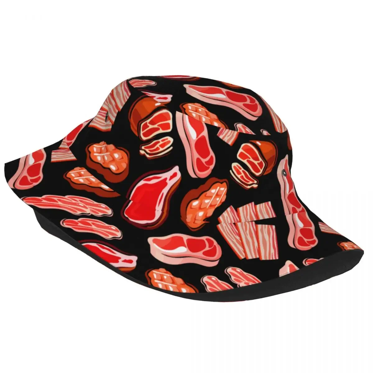 Summer Beach Hatwear Beef And Pork Meat Pattern Bucket Hat Unique Women Men Sun Hat Ispoti Hat Packable Fisherman Hats Outdoor