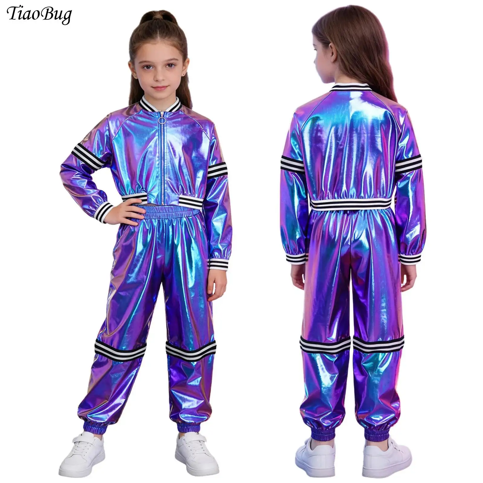 

Boys Girls Jazz Street Dance Outfit Hip Hop Costume Stripes Hem Long Sleeves Zipper Metallic Jacket with Pants Stage Performance