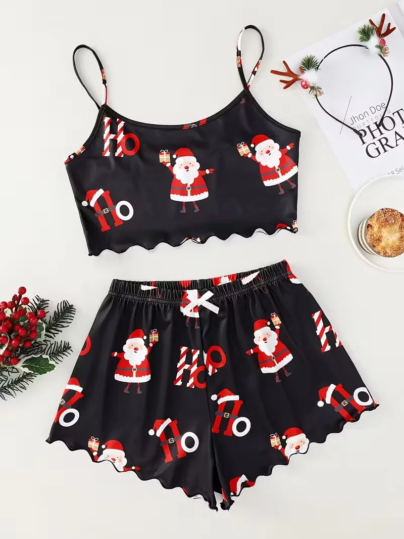 Soft Comfy Christmas Santa Claus Element Print Festival Atmosphere Women's Sleepwear 2 Pieces Crop Tops and Shorts Pajama Set