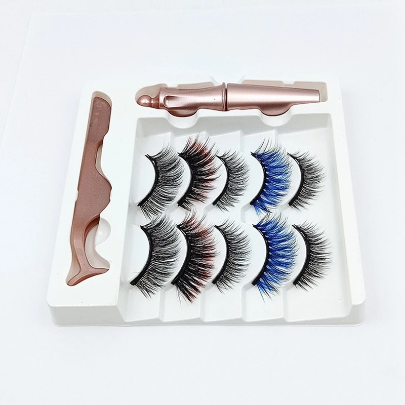 A39M 5 Pairs Of Mixed Style Color Magnetic False Eyelashes Waterproof Eyeliner Tweezers Set Thick Magnetic False Eyelashes