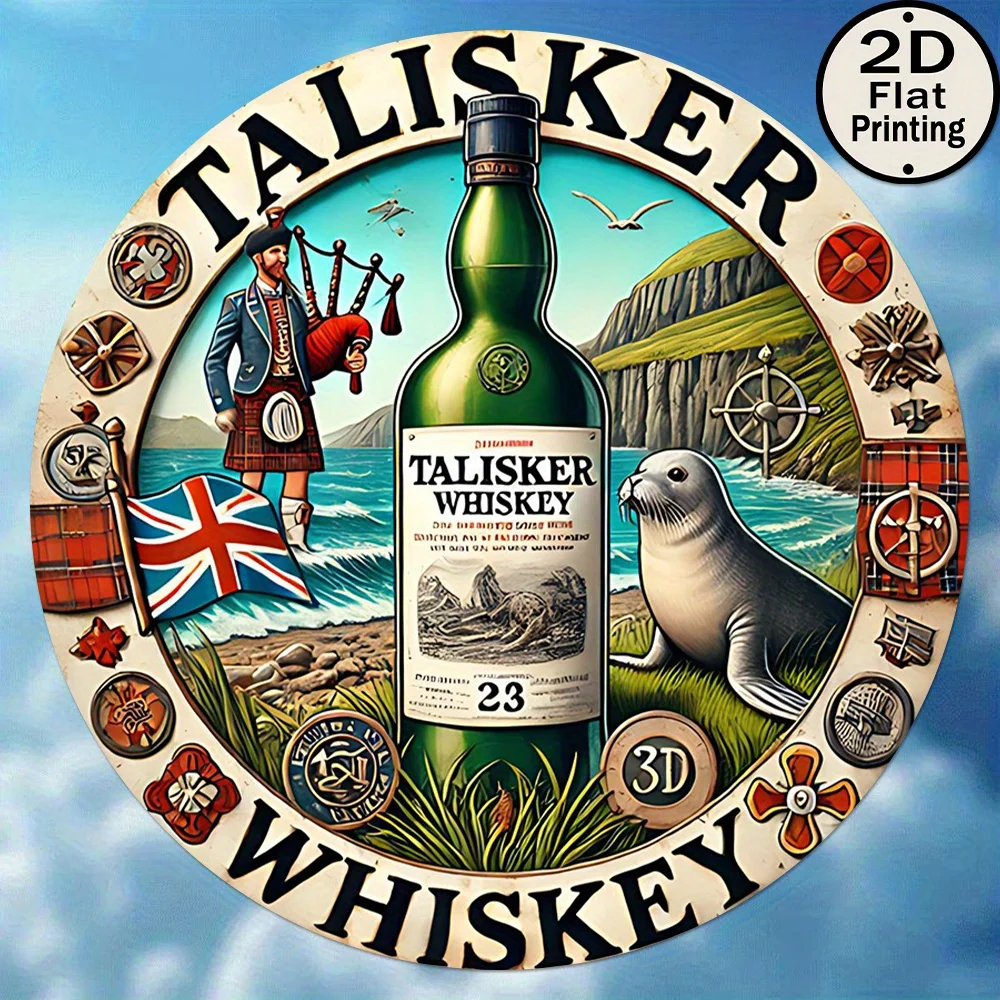 2D flat 1pc circular wooden sign - Talisker Scotch whisky advertisement, traditional country style, whisky decoration
