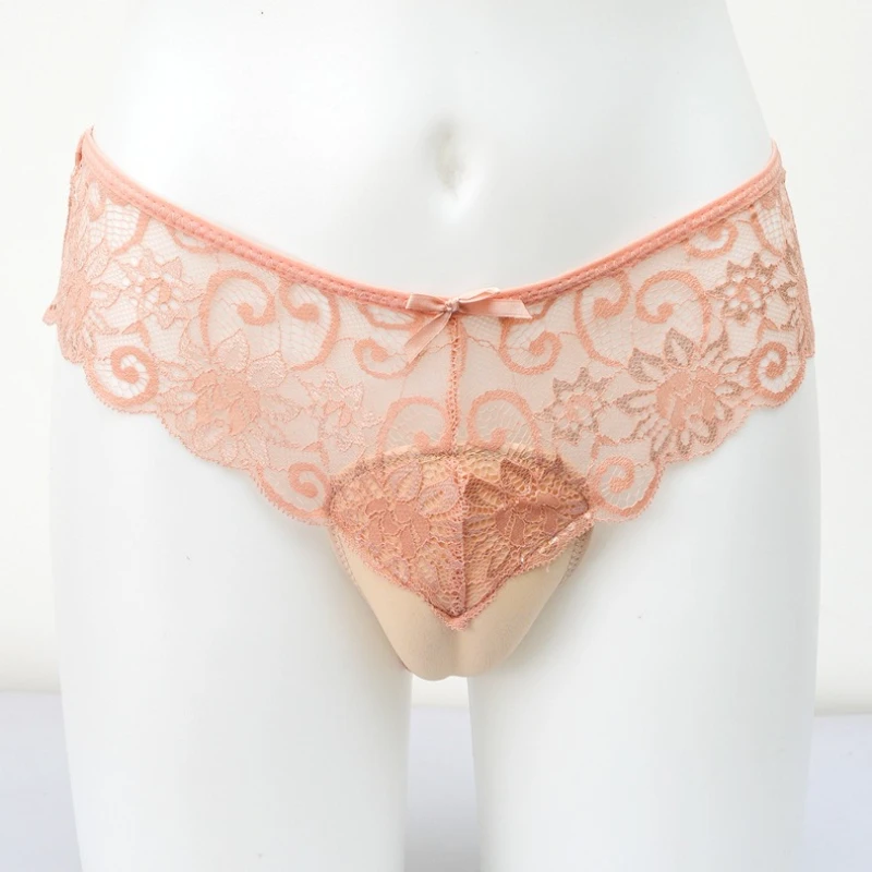 Men Camel Toe Underwear ﻿Sexy Lace Embroidery Low-Rise Crossdresser Briefs Sissy Lingerie Hiding Gaff Invisible G String Thongs