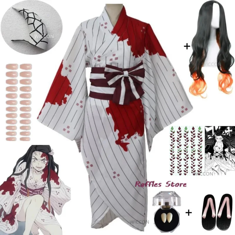 Novo 2025 anime kamado nezuko cosplay traje peruca tamancos mancha de sangue branco quimono halloween carnaval uniforme terno qaq3