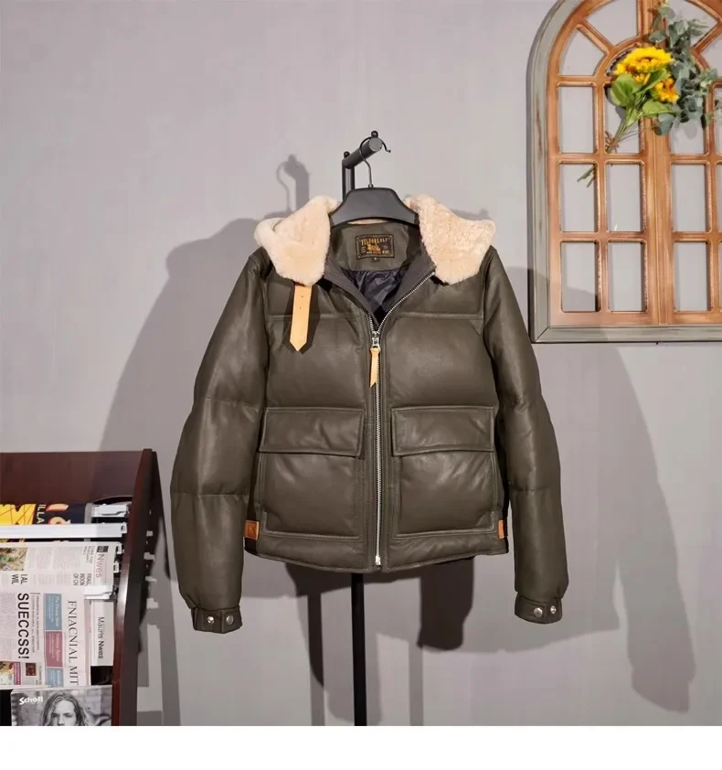 

Winter warm 460g duck down coat.100% natural Italian sheepskin jacket.Fashion street leather wear.Moto Rider Fur