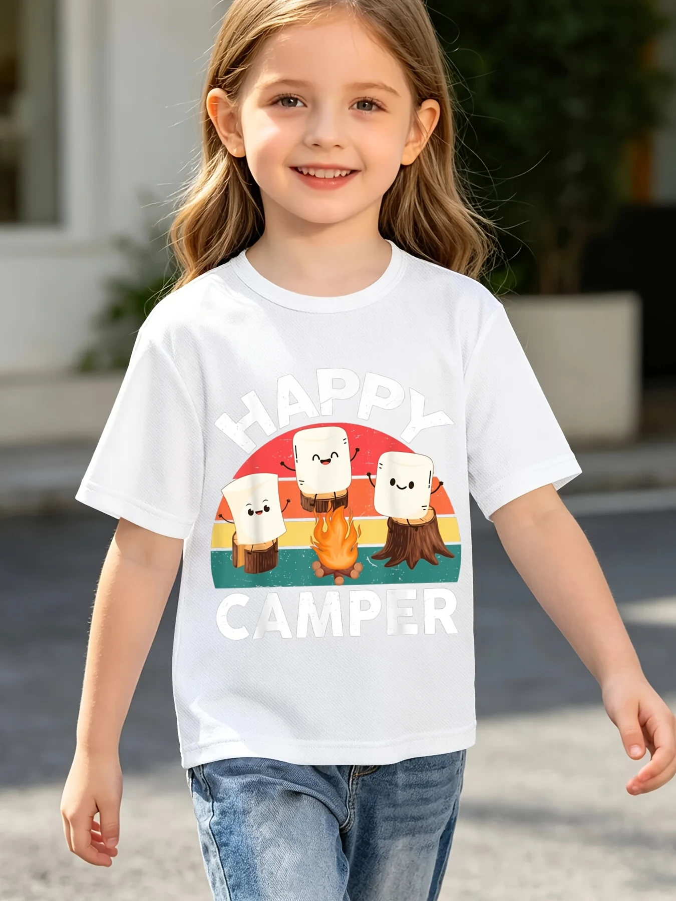 Happy Camper Marshmallow Campfire Print T Shirt Boys Girls Camping Short Sleeve Tee Family Matching Kids Casual Cotton Tops