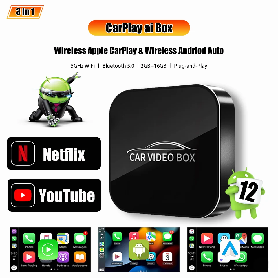 Nowy CarPlay ai Box Bezprzewodowy adapter multimedialny Android Auto i Apple Carplay 3w1 Wbudowany Netflix YouTube 5G WIfi Plug & Play