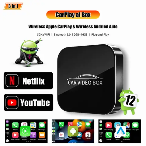 새로운 CarPlay ai Box 무선 Android Auto 및 Apple Carplay 3in1 멀티미디어 어댑터 내장 Netflix YouTube 5G WIfi 플러그 앤 플레이