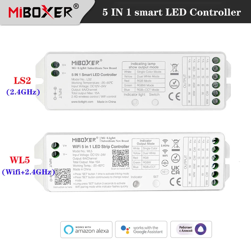 

Miboxer WL5 Одноцветный/двойной белый/RGB/RGBW/RGB + CCT Wifi 5 в 1 контроллер светодиодной ленты/контроллер LS2 2,4G