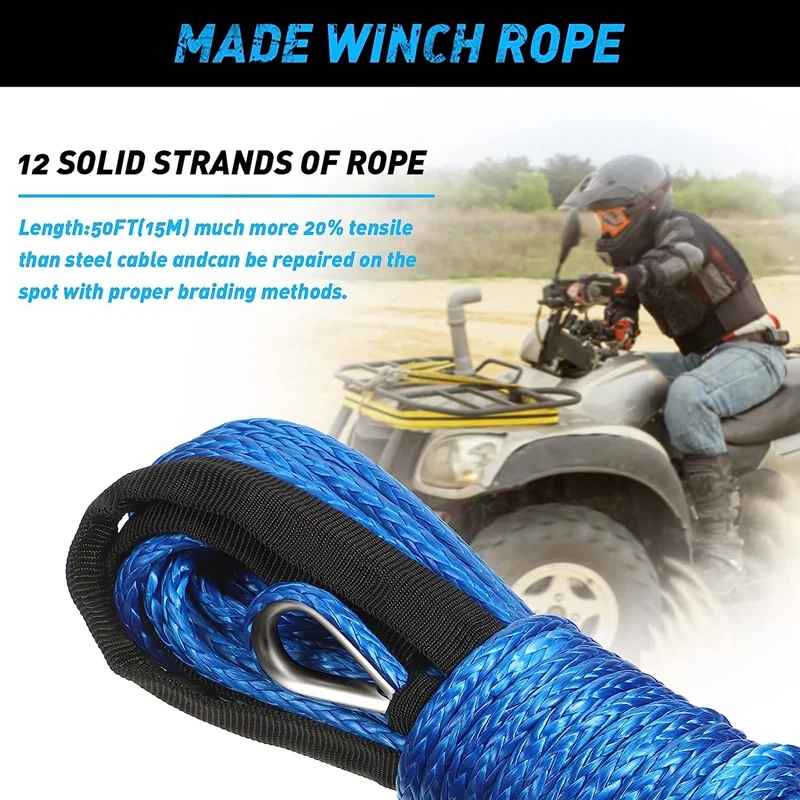 2PCS Synthetic Winch Rope Winch Line Cable Rope 1/4 Inch X 50 Feet UV Resistant For UTV ATV Winch Truck Supplies Blue