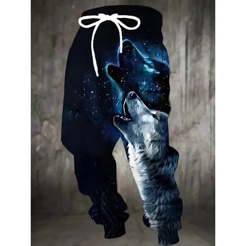 2026 Men Wolf Print Sweatpants Casual Drawstring Joggers with Pockets Fashion Animal Printed Sports Trousers Streetwear