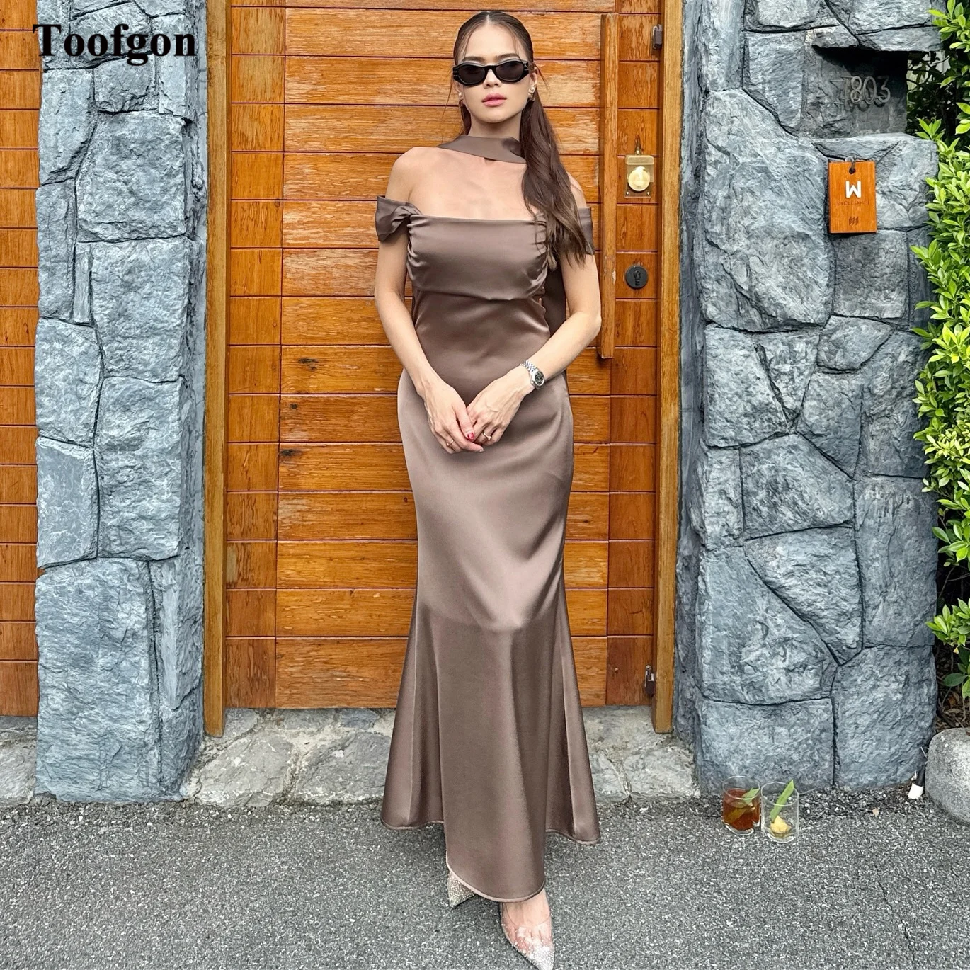 

Toofgon Silk Satin Mermaid Evening Dresses Customized Wrap Women's Formal Party Prom Gowns Special Occasion Bridesmaid Dress