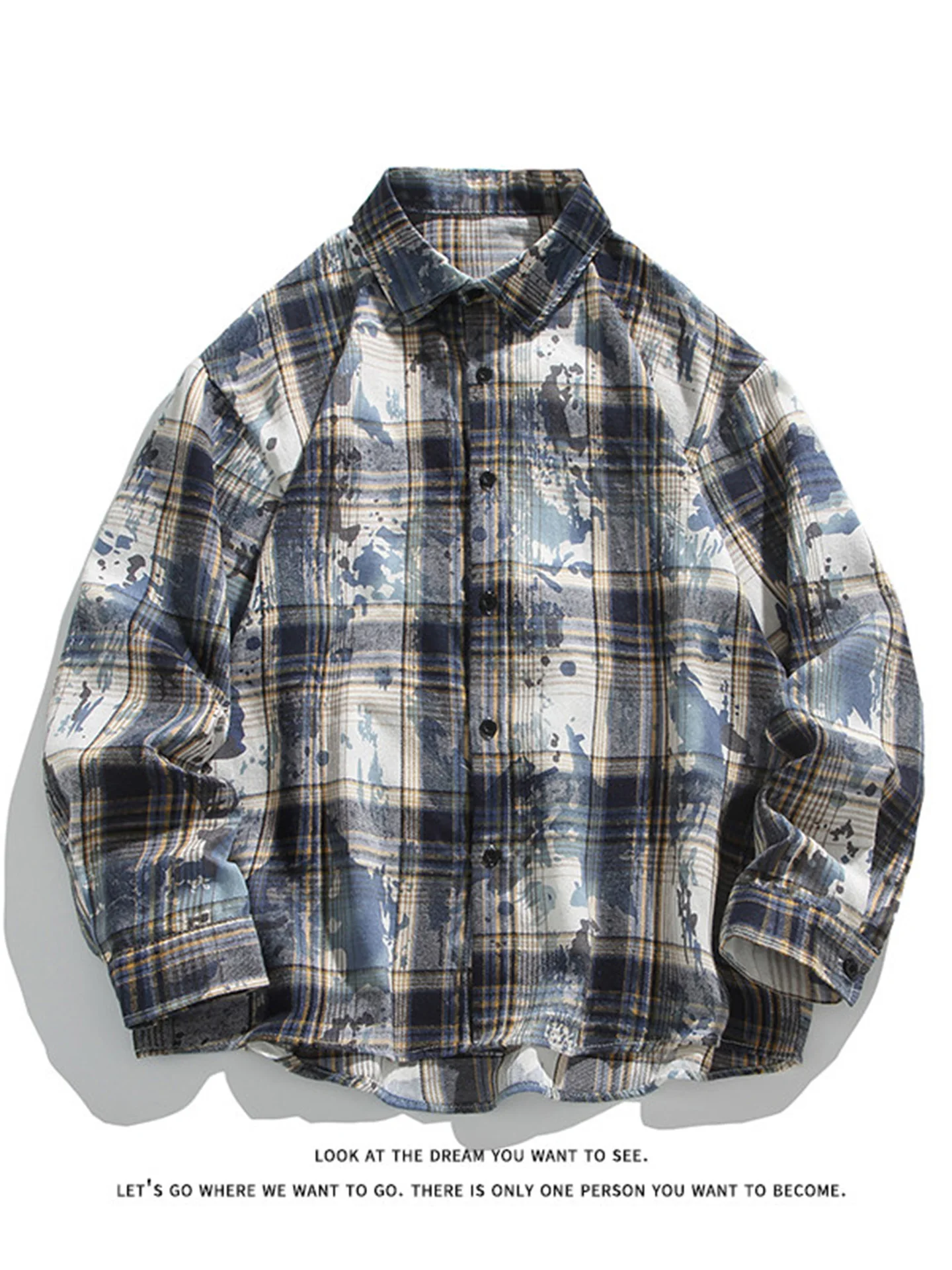 

Blue Tie Dye Plaid Long Sve Men's irt Casual Inner Wear Layering Spring Autumn American Trendy Brand Couple's Outerwear