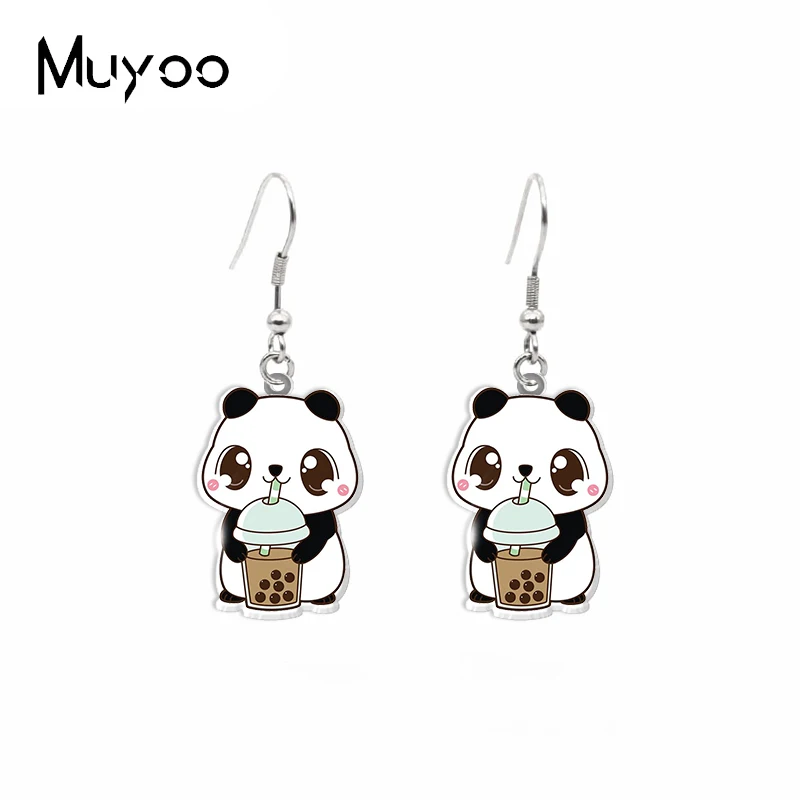 2021 New Baby Panda Loves Drink Milk Tea Epoxy Acrylic Resin Fish Hook Earrings Handmade Jewelry Dangles